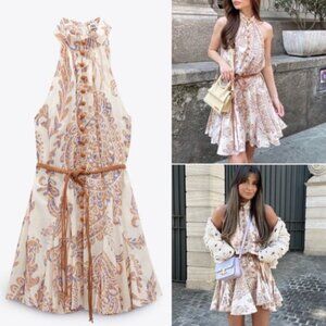 Zara Belted Button-Front Floral Mini Dress | Size S | Halter Neck Summer Stap